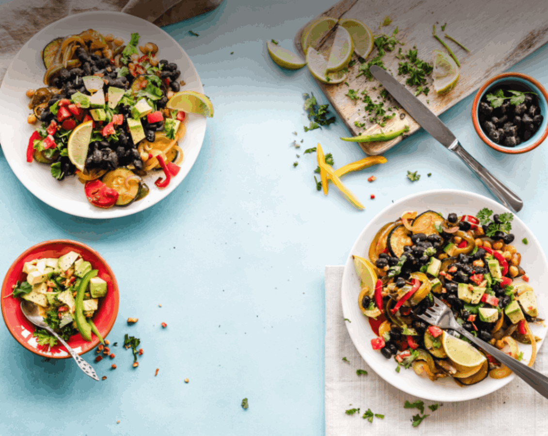 decorative image of bowls of healthy chickpea salads